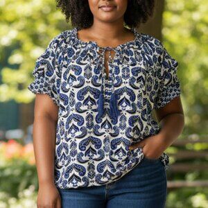 Rose+Olive Peasant Top Womens 1X Blue Black Tassels Boho Tiered Sleeves Blouse